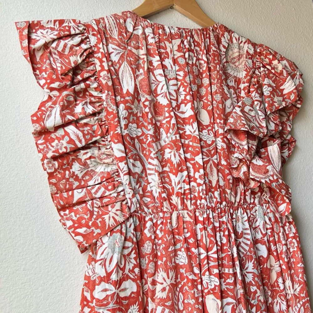 ULLA JOHNSON Delila Midi Ruffle Floral Dress Orange Blossom Sz 4
